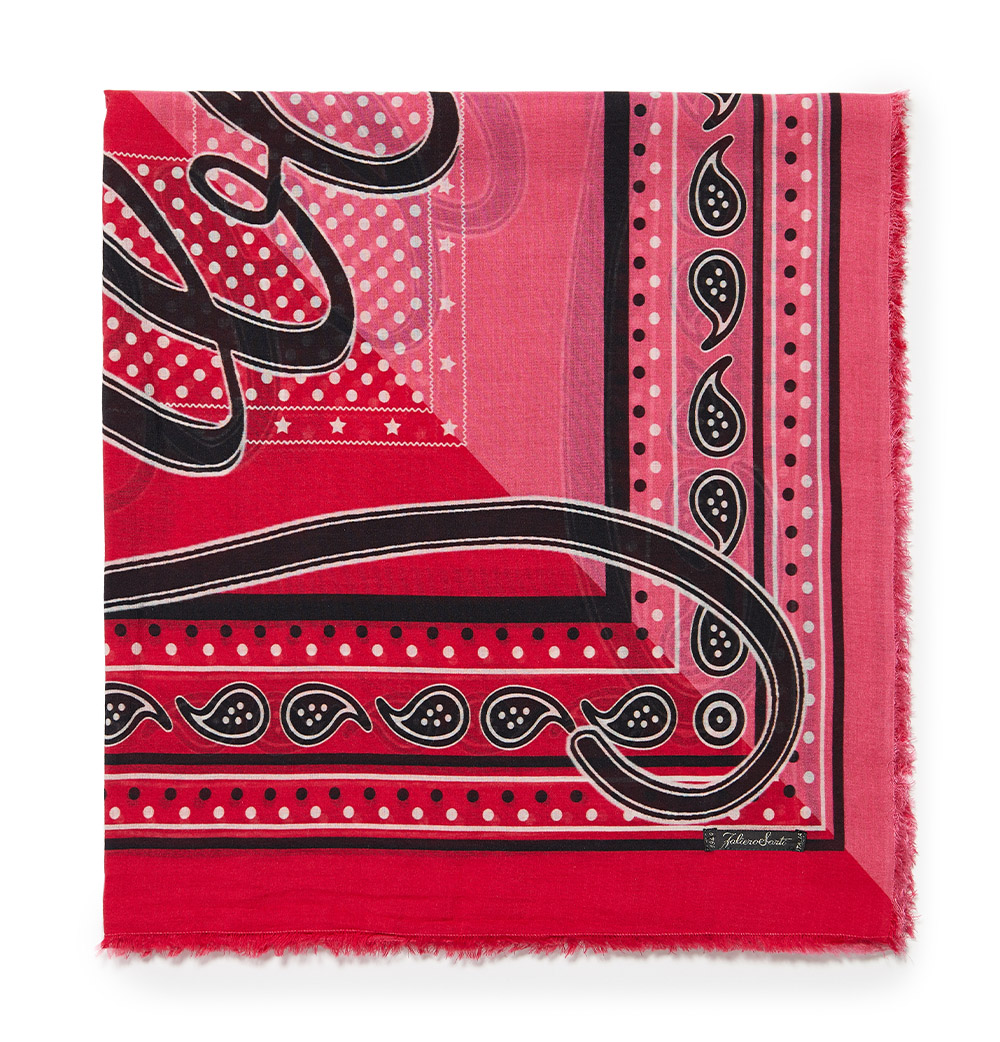<p>In a modal, cotton, and cashmere blend, the square Monica scarf will give a note of color and flair to any outfit. Printed with a geometric pattern with polka dots on a fuchsia and pink background, it is finished with a fringed trim. Draped around the 